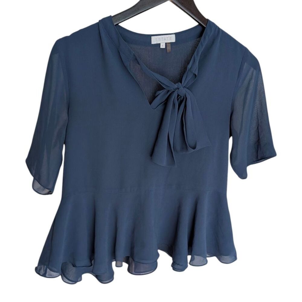 1. State Blue Peplum 3/4 Sleeve Chiffon Style Blouse With Neck Tie Bow Detail S
